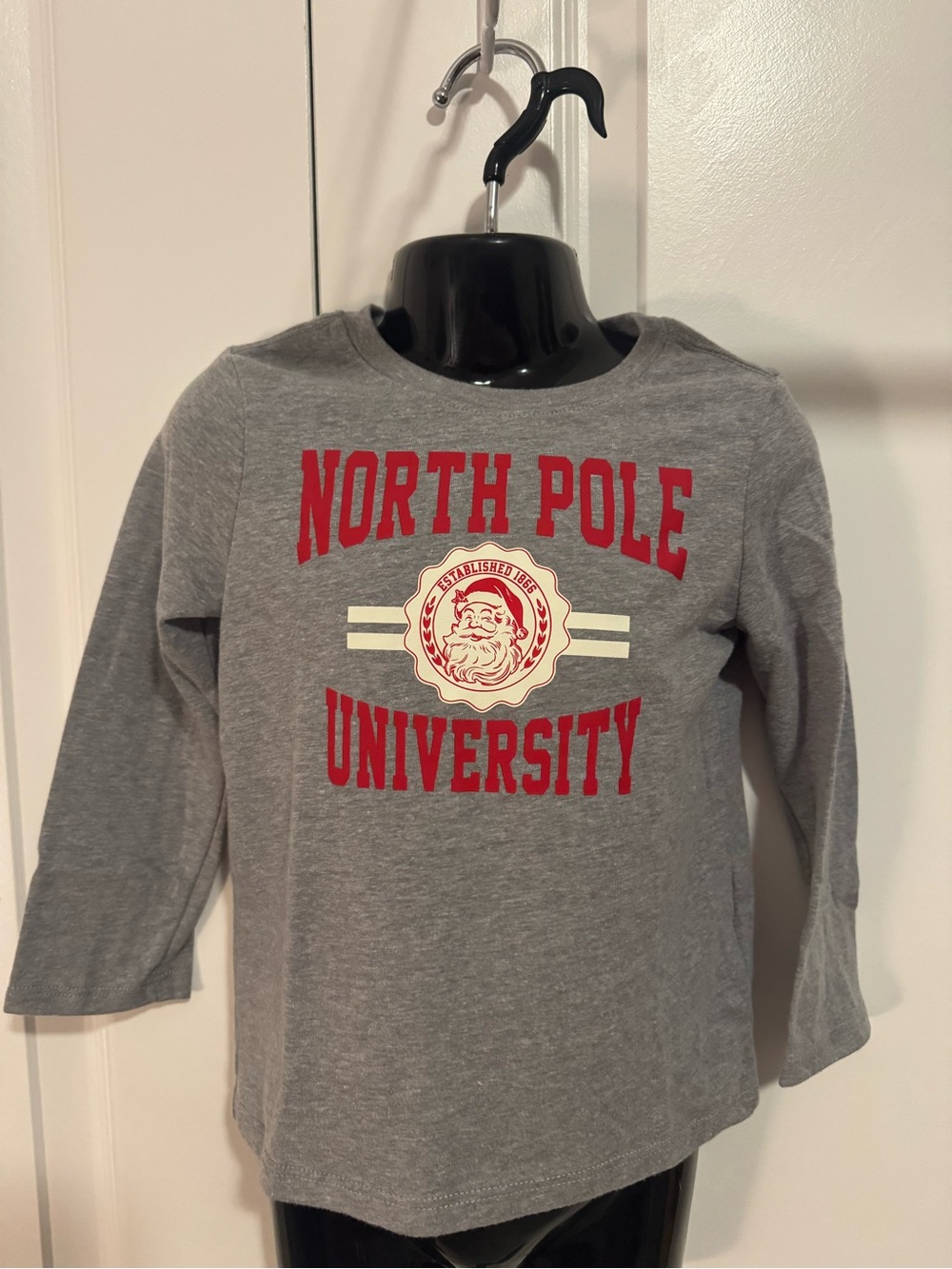 Holiday Time Gray Long Sleeve Tee with Red "North Pole University" Graphic